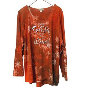 ONE WORLD Holiday Top Plus Size 3X Santa Please Bring Wine Orange Graphic Tee